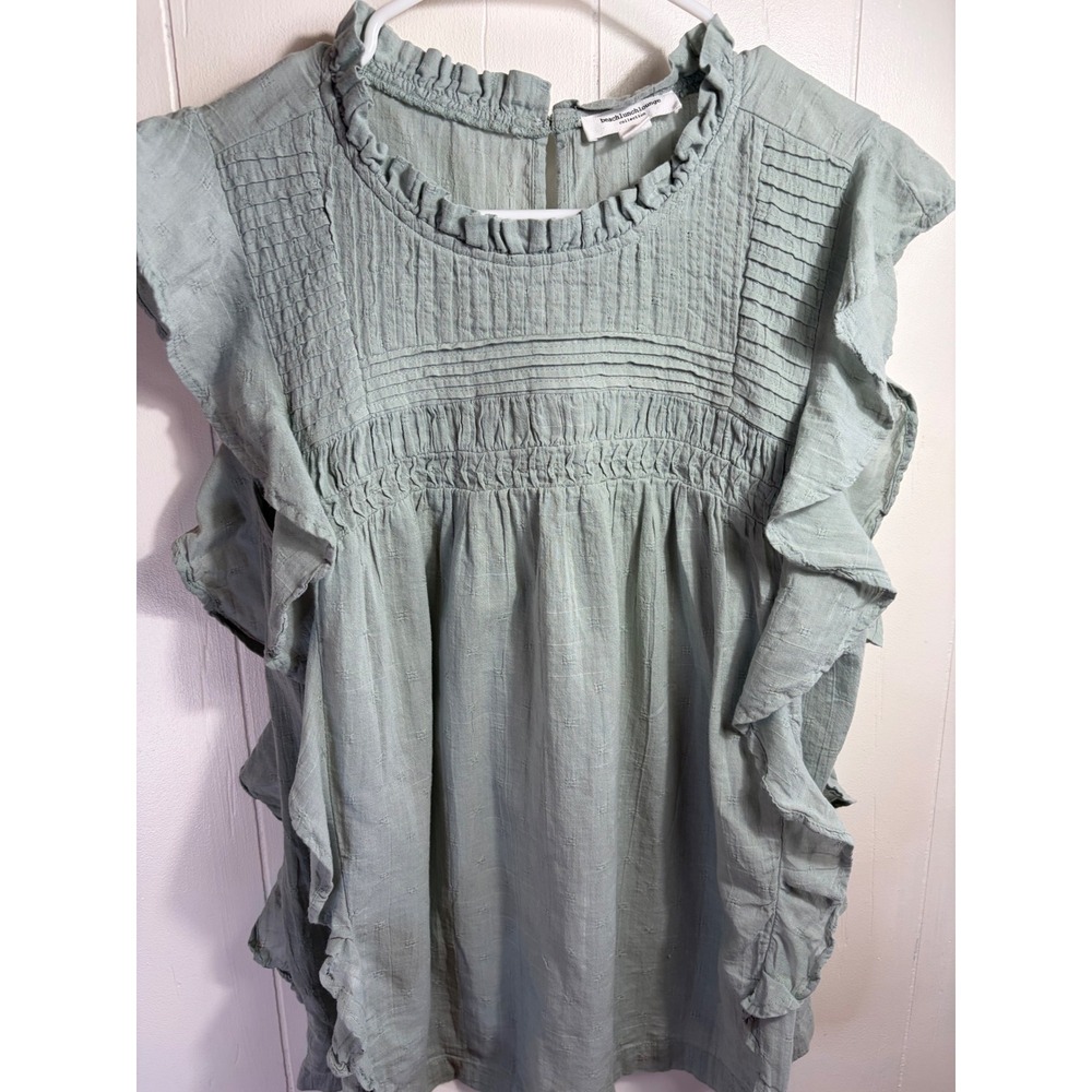 Beachlunchlounge Sage Green Cotton Ruffle Pintuck Sleeveless Blouse Large
